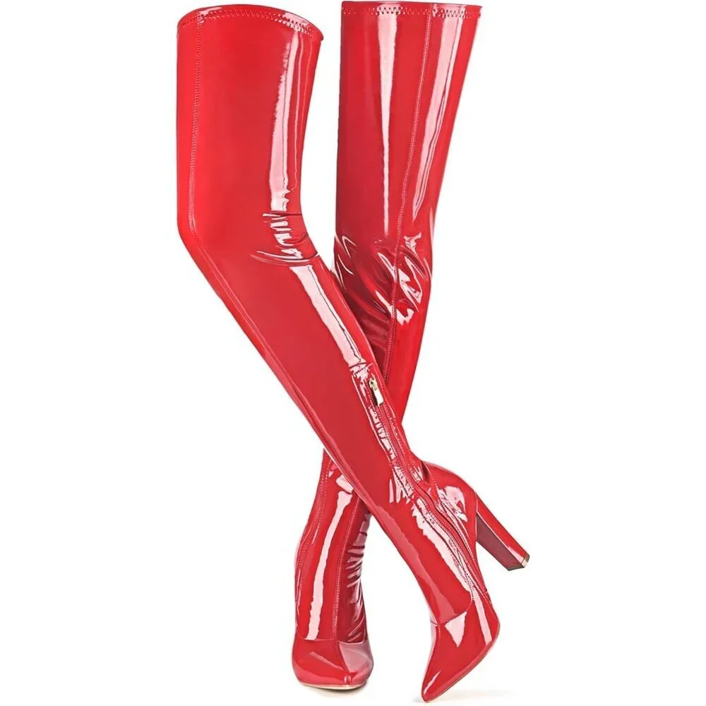 Women Red Chunky Heel Over The Knee Boots Patent Leather PU Stretchy Tall Boot